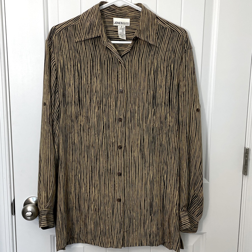 Jones & Co Silk Animal Print Button Down Shirt